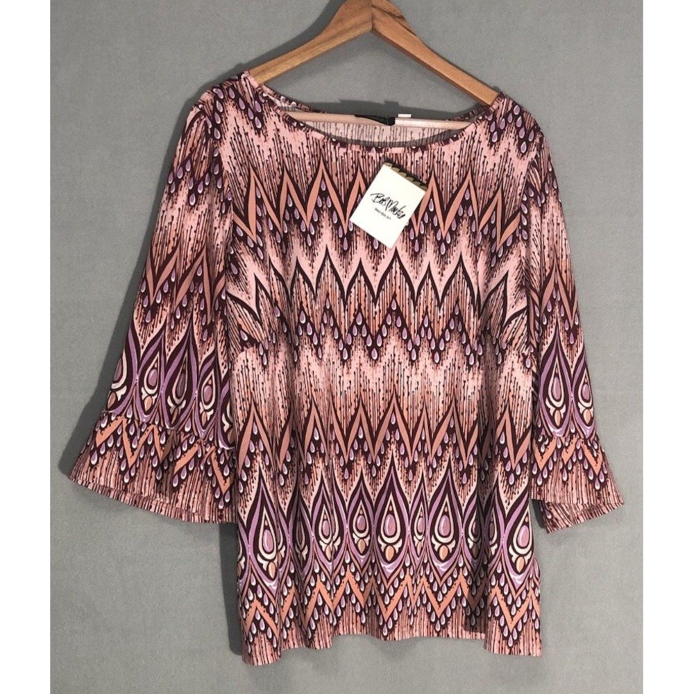 Bob Mackie Peacock Print Pink Purple Bell Sleeve Top Blouse Size 1X NEW